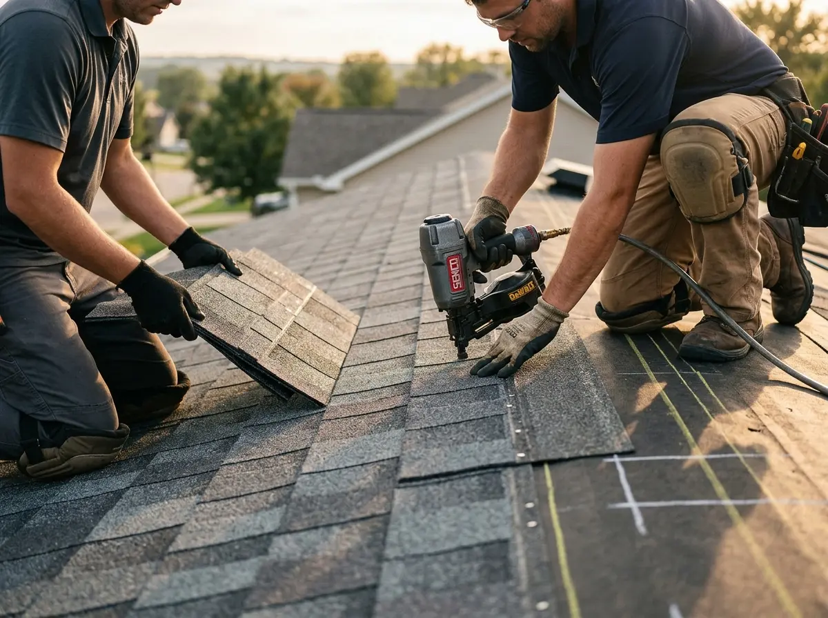 Professional roofer working on a residential roof in Barstow